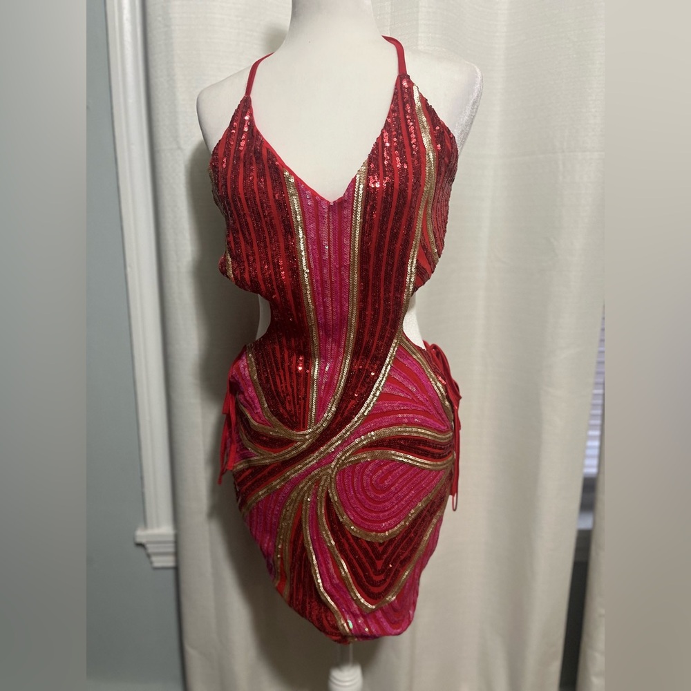 NWT Kimcine Red & Pink Sequin Cutout Party Dress with Gold Accents